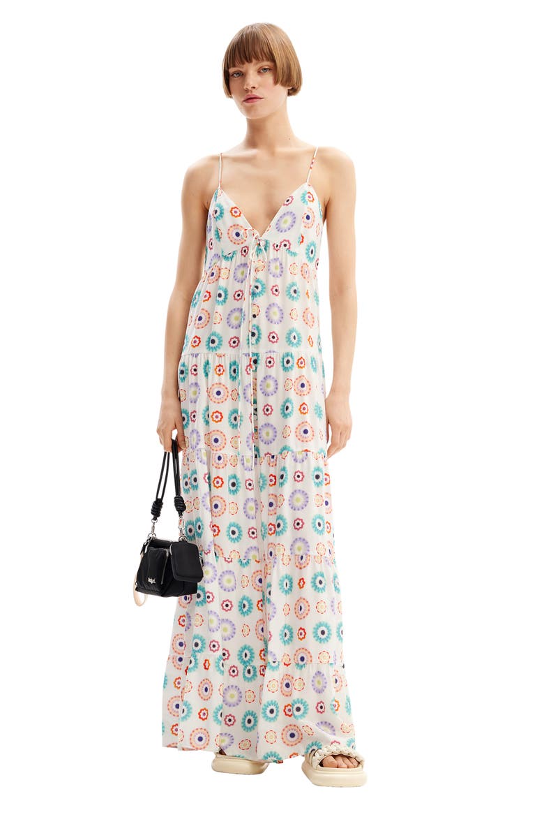 Long Geometric Print Strappy Dress, Alternate, color, WHITE