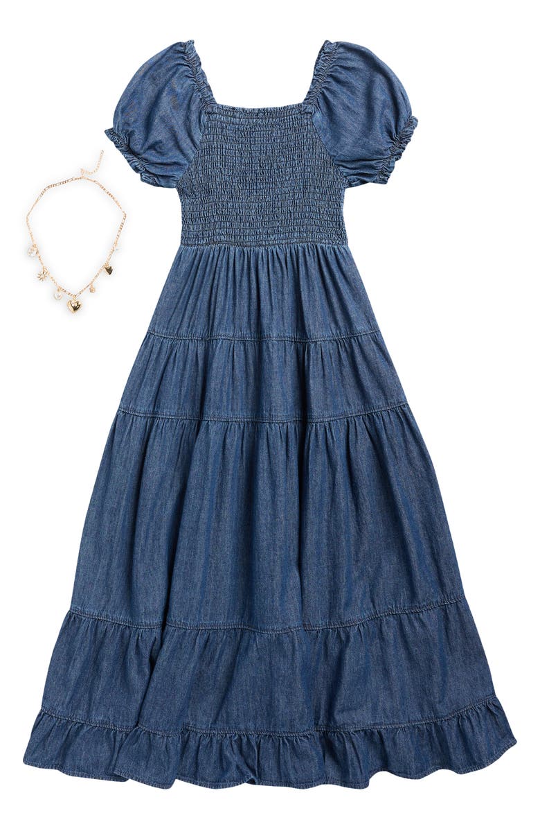 Rare Editions Kids' Denim Puff Sleeve Tiered Maxi Dress & Necklace Set, Main, color, Blue