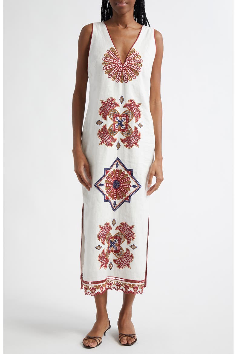 Mary's Tiles Embroidered Detail Linen Dress, Main, color, OFF-WHITE