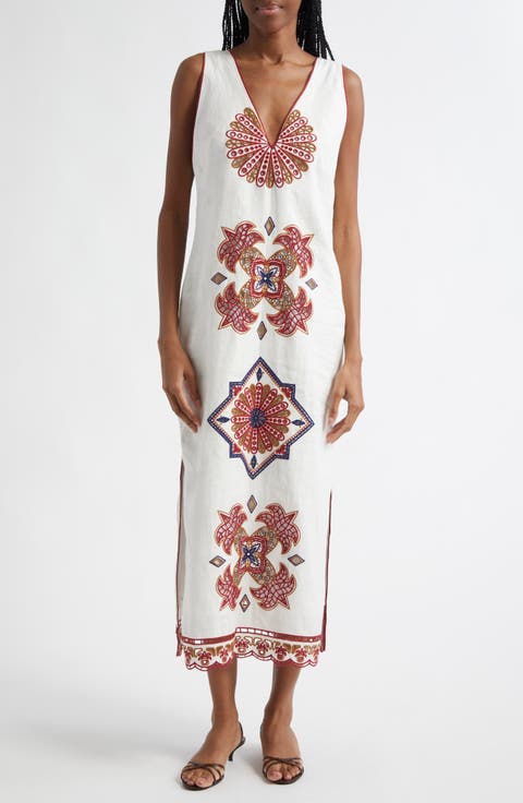 Mary's Tiles Embroidered Detail Linen Dress