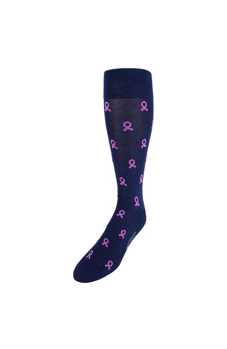 Trafalgar Breast Cancer Awareness Mid-Calf Mercerized Cotton Socks, Main, color, Navy With Pink Ribbons