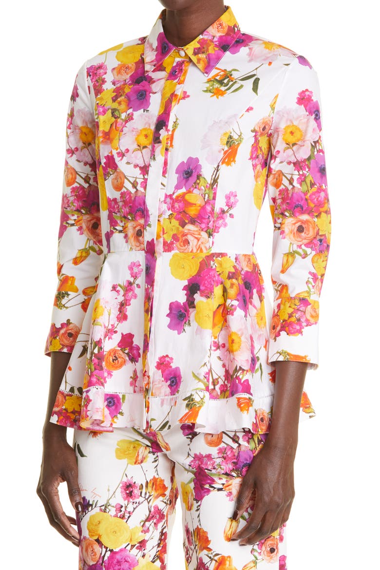 Floral Print Peplum Button-Up Shirt, Alternate, color, IVORY FLORAL