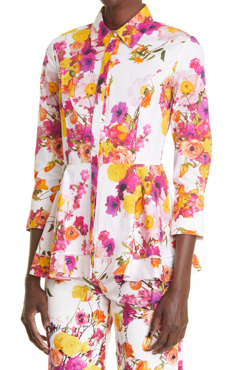 Adam Lippes Floral Print Peplum Button-Up Shirt, Alternate, color,