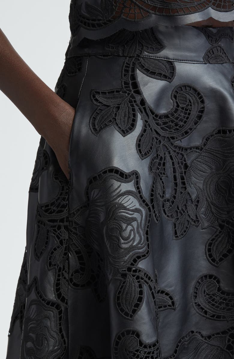 Johanna Ortiz Mesopotamia Embroidered Eyelet Faux Leather Midi Skirt, Alternate, color,