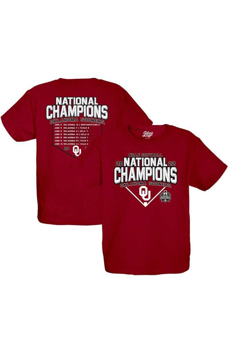 Youth Blue 84 Crimson Oklahoma Sooners 2022 NCAA Softball Women's College World Series Champions Base Path Schedule T-Shirt, Main, color, Crimson