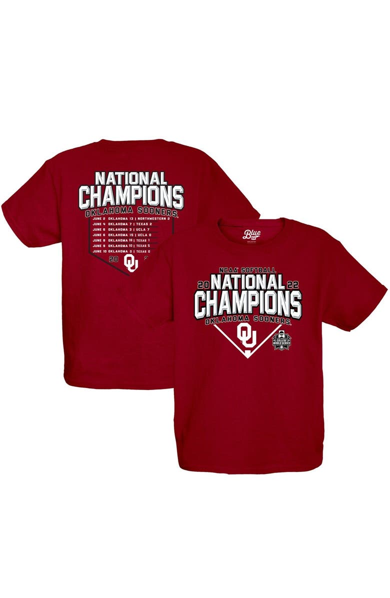 BLUE 84 Youth Blue 84 Crimson Oklahoma Sooners 2022 NCAA Softball Women's College World Series Champions Base Path Schedule T-Shirt, Main, color, 
