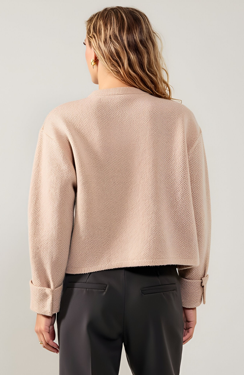 Modenaire Textured Knit Gold Button-Front Patch-Pocket Cardigan, Alternate, color, Beige