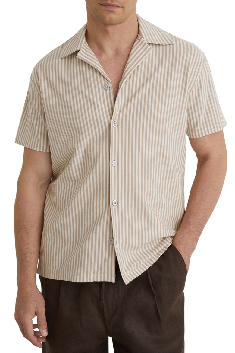 Aurelia Stripe Cotton Blend Camp Shirt, Main, color, STONE/ WHITE