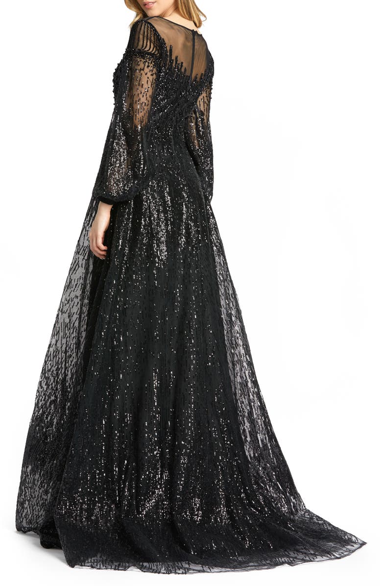 Mac Duggal Jewel Encrusted Illusion Long Sleeve A Line Gown, Alternate, color, Black
