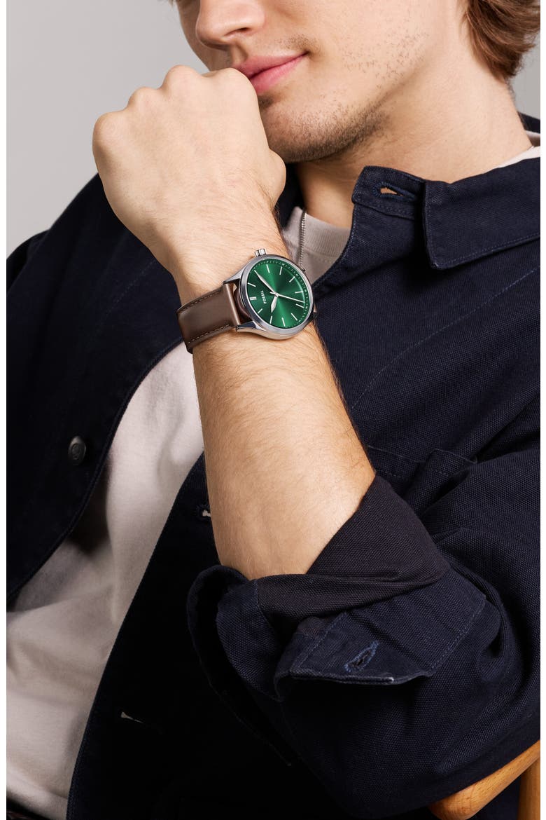 Fenmore Three-Hand Quartz Leather Strap Watch, 44mm, Alternate, color, SILVER
