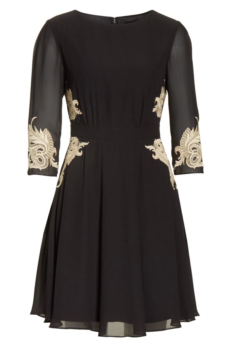 Gaenor Embroidered Fit & Flare Dress, Alternate, color, BLACK