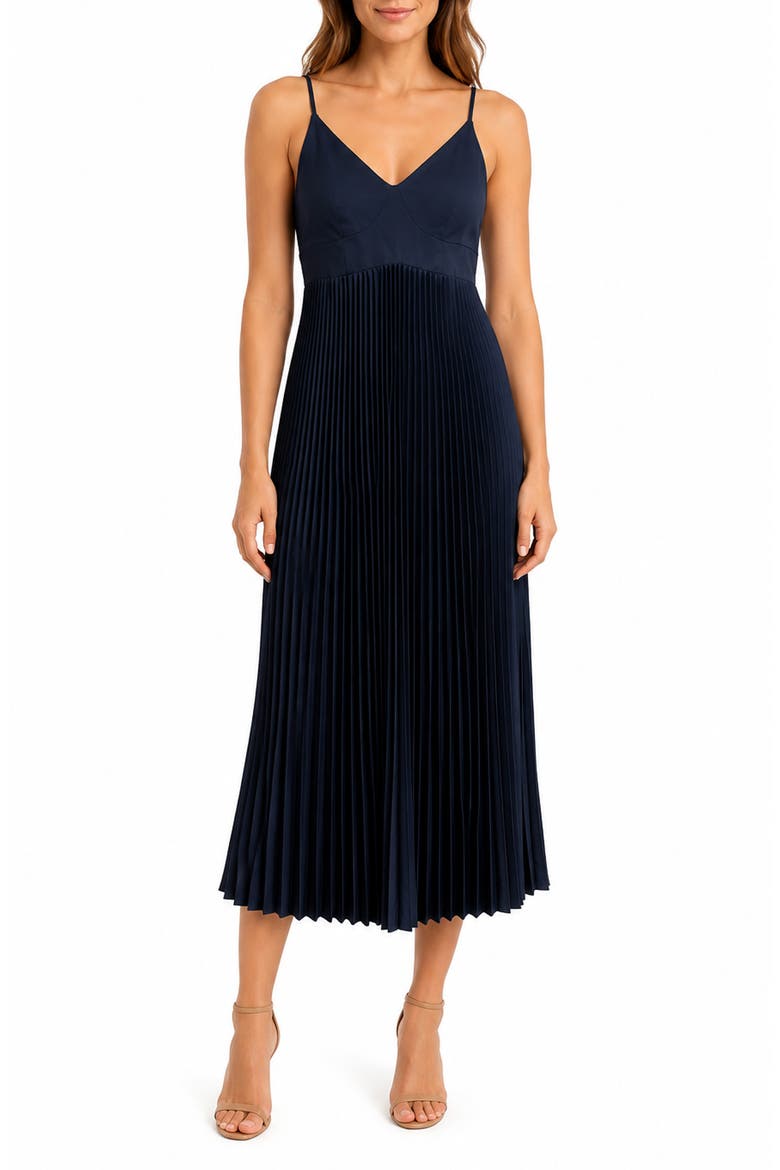 Pleated Satin Midi Dress, Main, color, DEEP NAVY