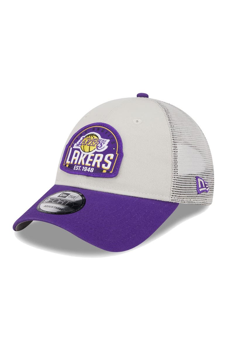 Men's New Era Khaki/Purple Los Angeles Lakers Throwback Patch Trucker 9FORTY Adjustable Hat, Main, color, Khaki