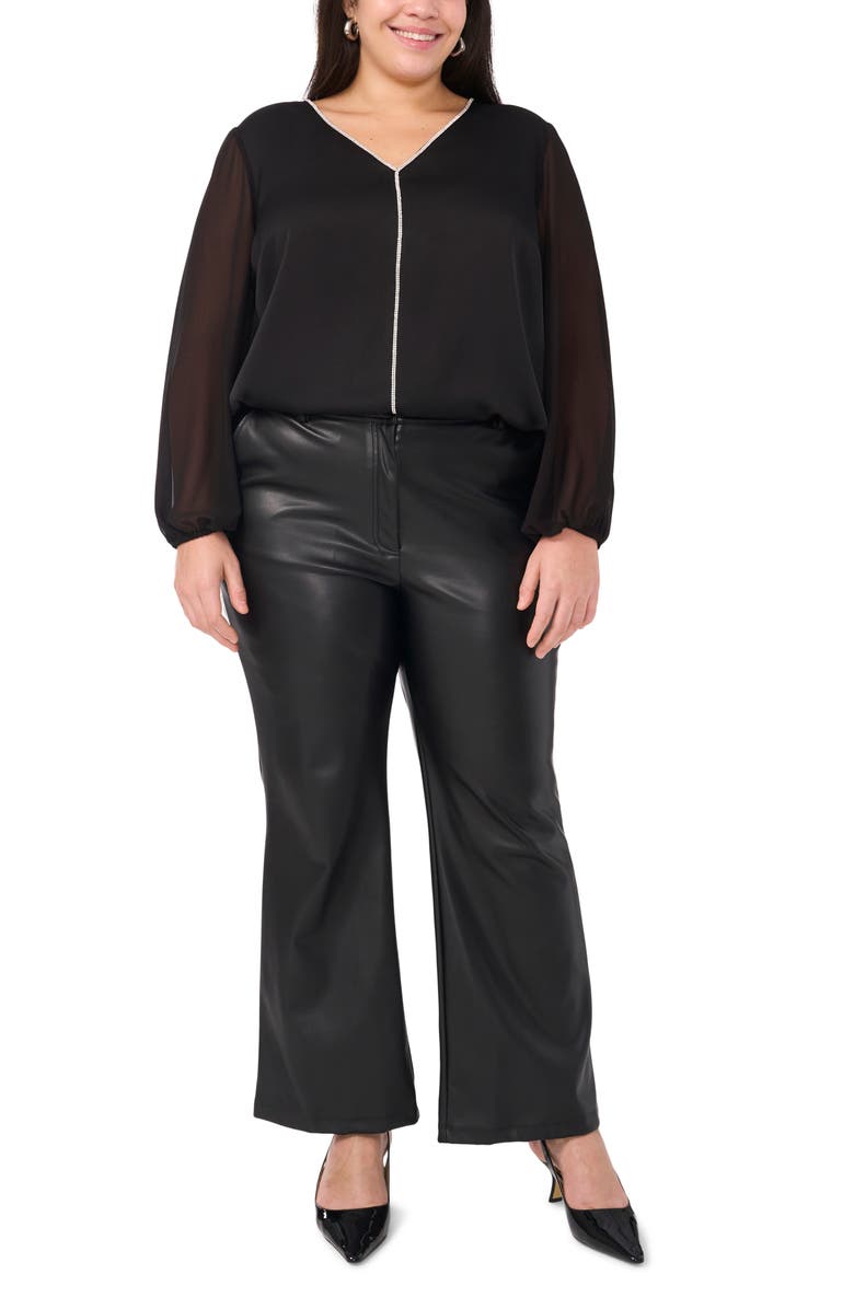 Vince Camuto Crystal Detail Long Sleeve Hammered Satin & Chiffon Top, Alternate, color, 