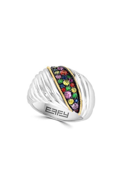 Sterling Silver & 14K Gold Pavé Sapphire & Tsavorite Ring