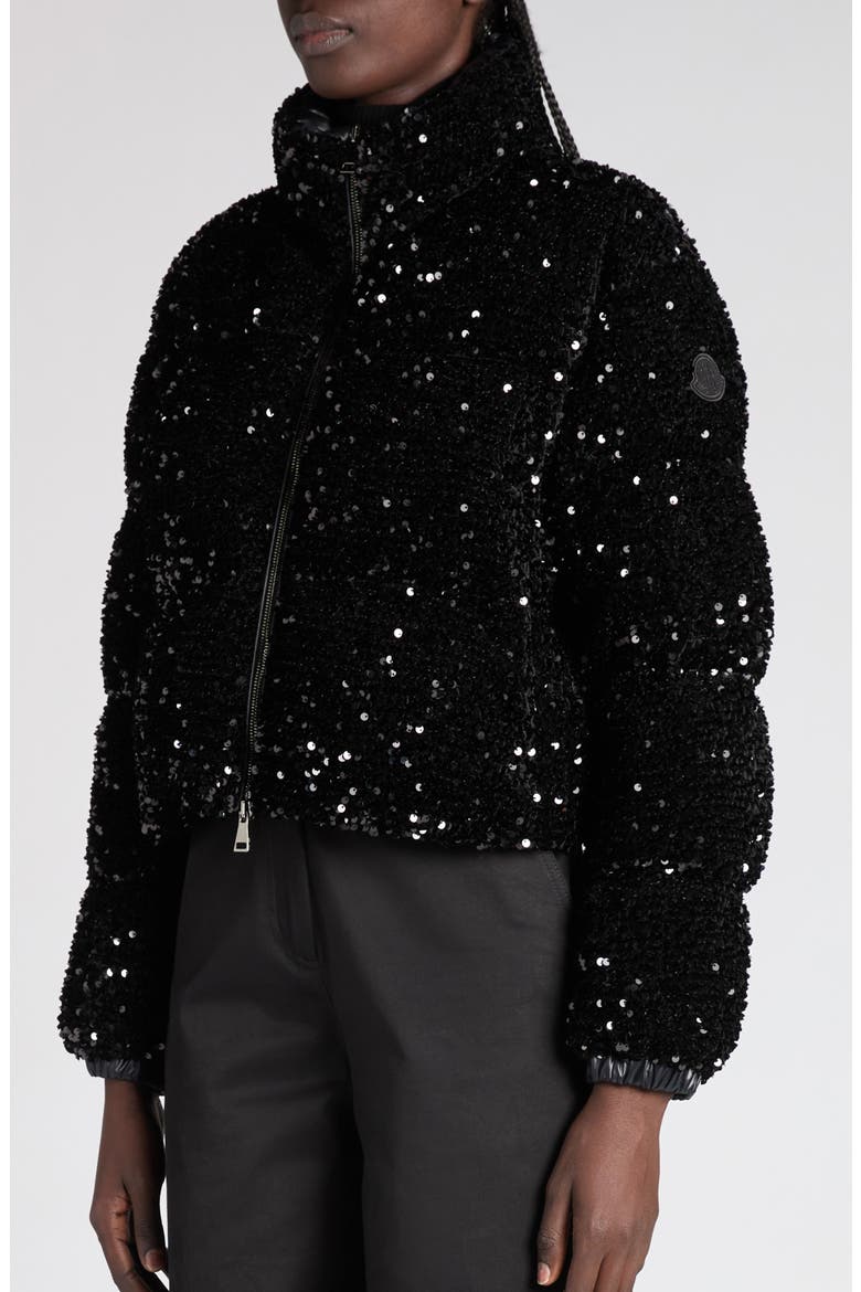 Louvi Sequin Faux Shearling Down Jacket, Alternate, color, BLACK