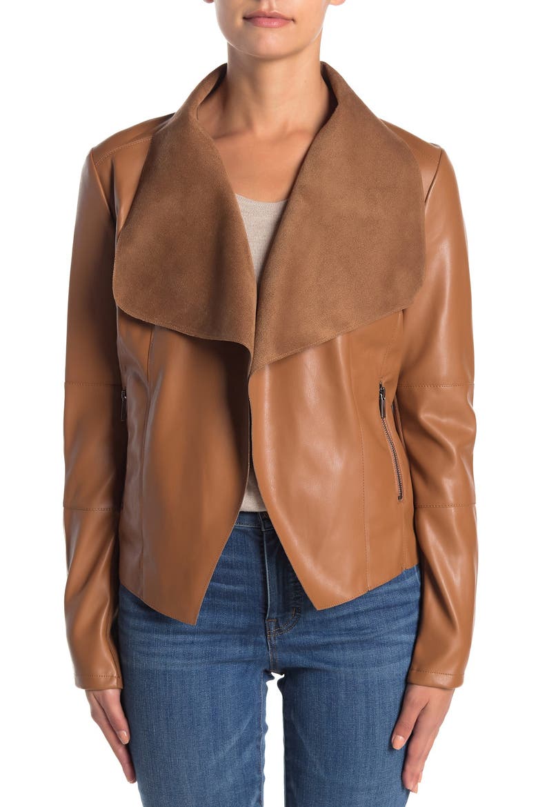 Drape Faux Leather & Faux Suede Jacket, Alternate, color, SADDLEDNU