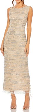 Mac Duggal Sleeveless Embellished Fringe Hem Sheath Dress