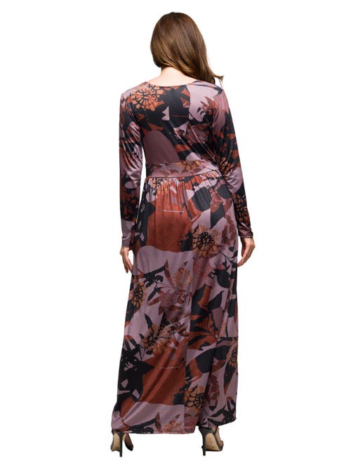 24seven Comfort Apparel Floral Print Long Sleeve Wrap Maxi Dress In Brown