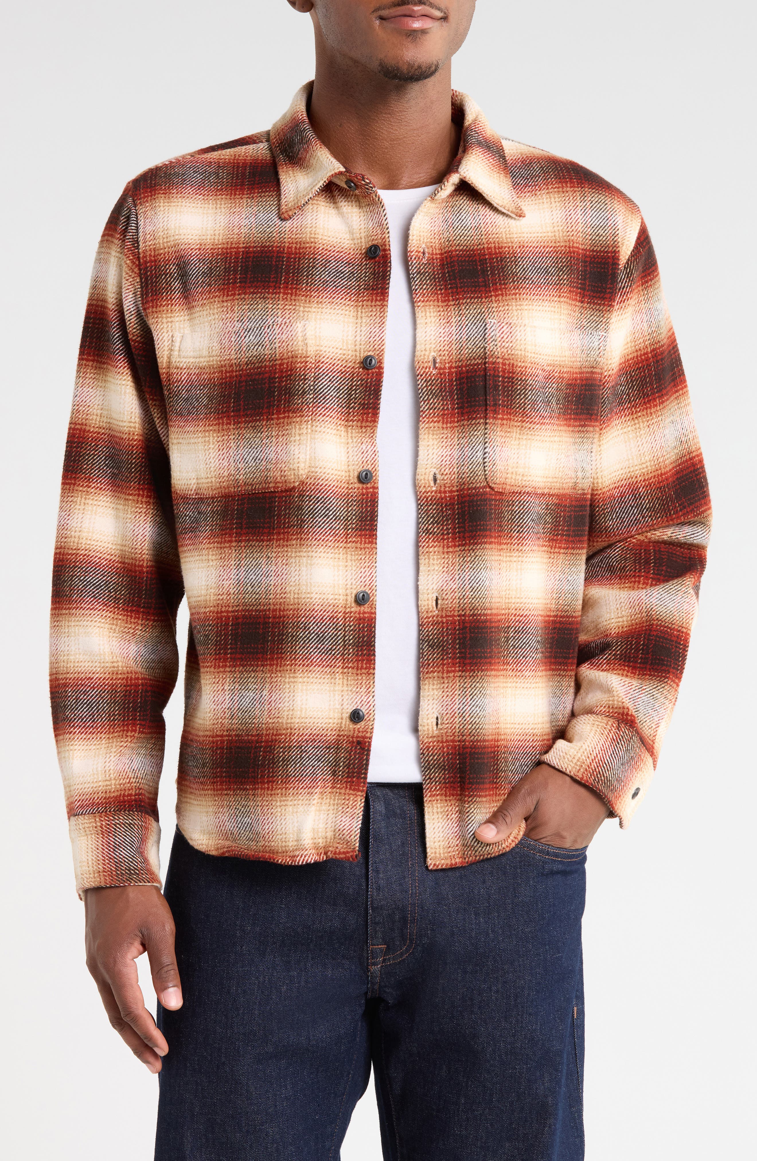 Ombre Plaid Cotton Button-Up Shirt Jacket