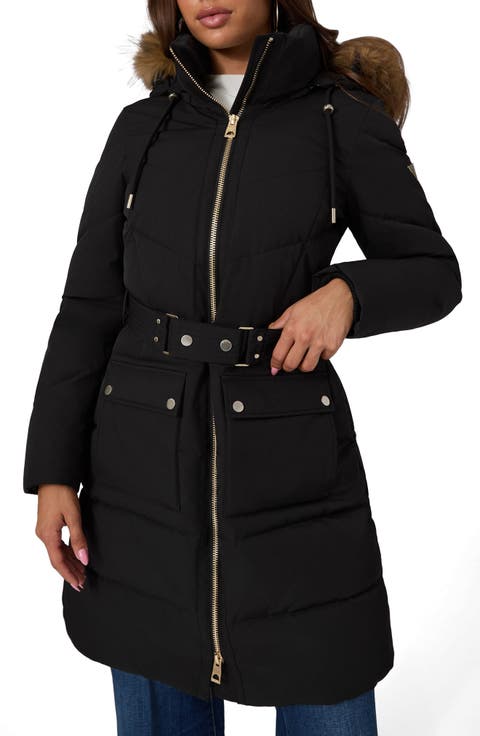 New Fatema Long Belted Puffer Coat with Faux Fur Trim
