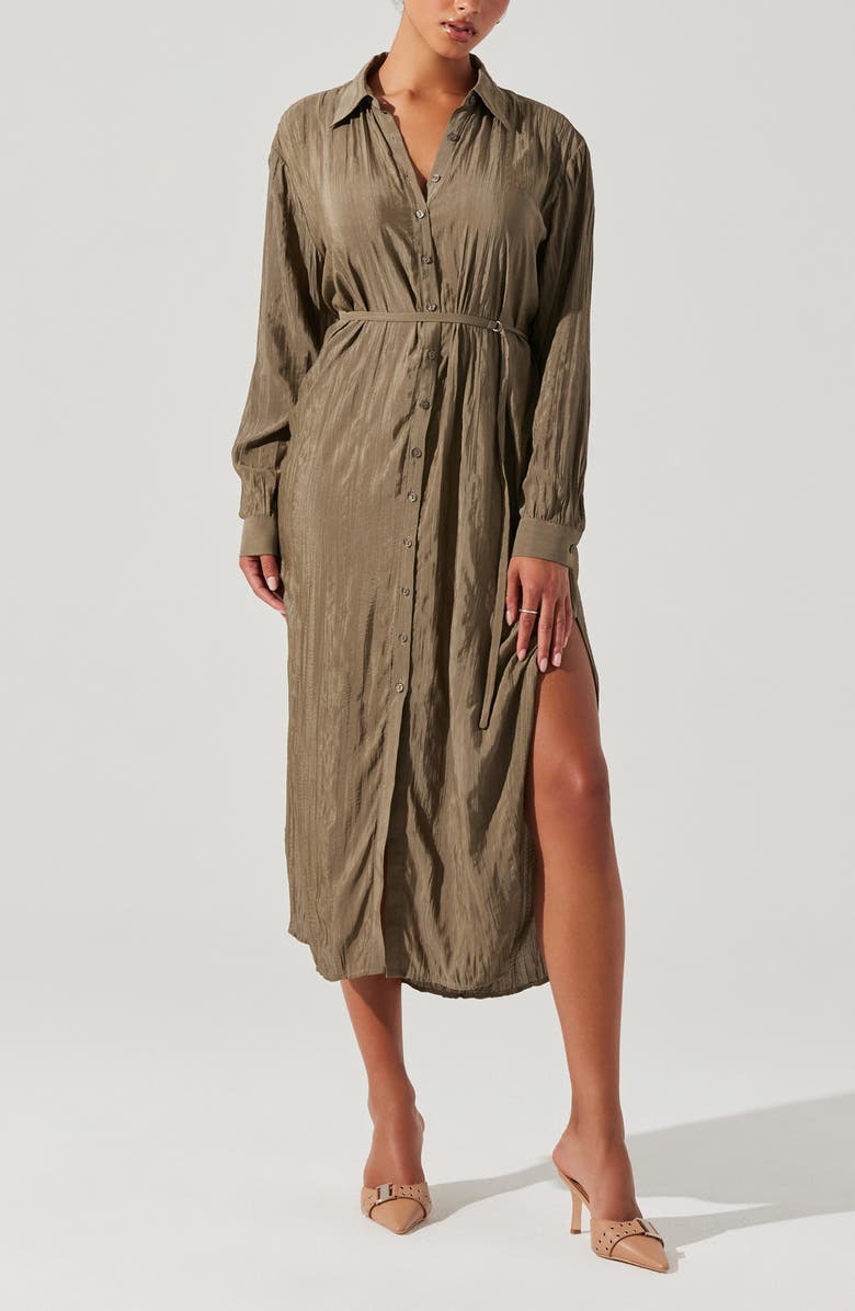 ASTR the Label Belted Long Sleeve Midi Shirtdress, Main, color, Olive