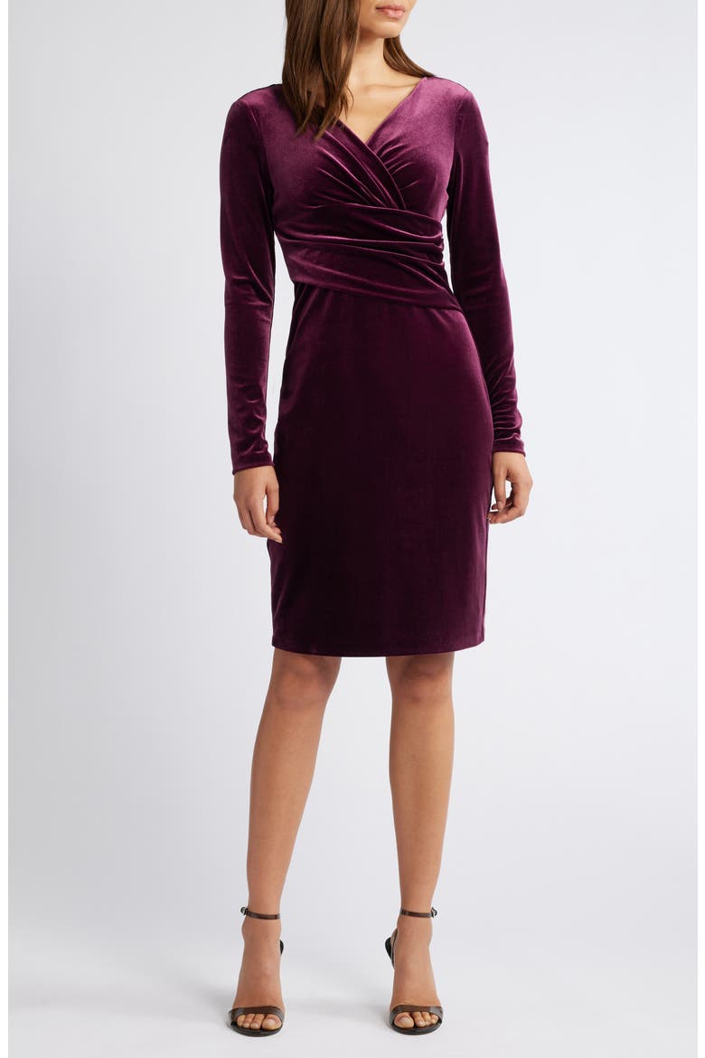Ruched Long Sleeve Velvet Body-Con Dress, Main, color, PLUM