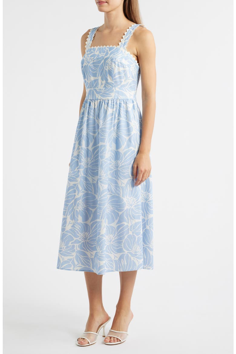 Palm Print Stretch Cotton Midi Dress, Alternate, color, LIGHT BLUE