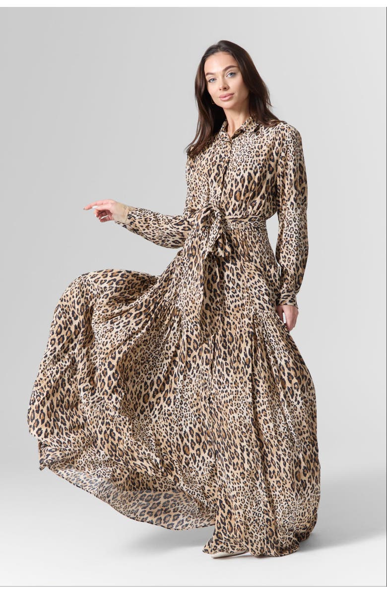 Le Fafo Printed Maxi Belted Shirtdress, Main, color, Animal Print