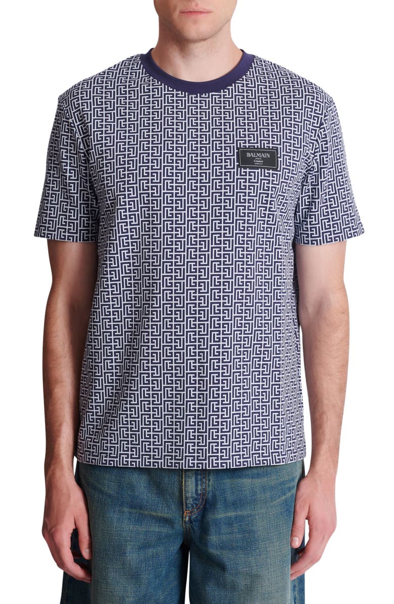 Balmain Monogrammed T-Shirt With Balmain Couture Label, Alternate, color, Blue