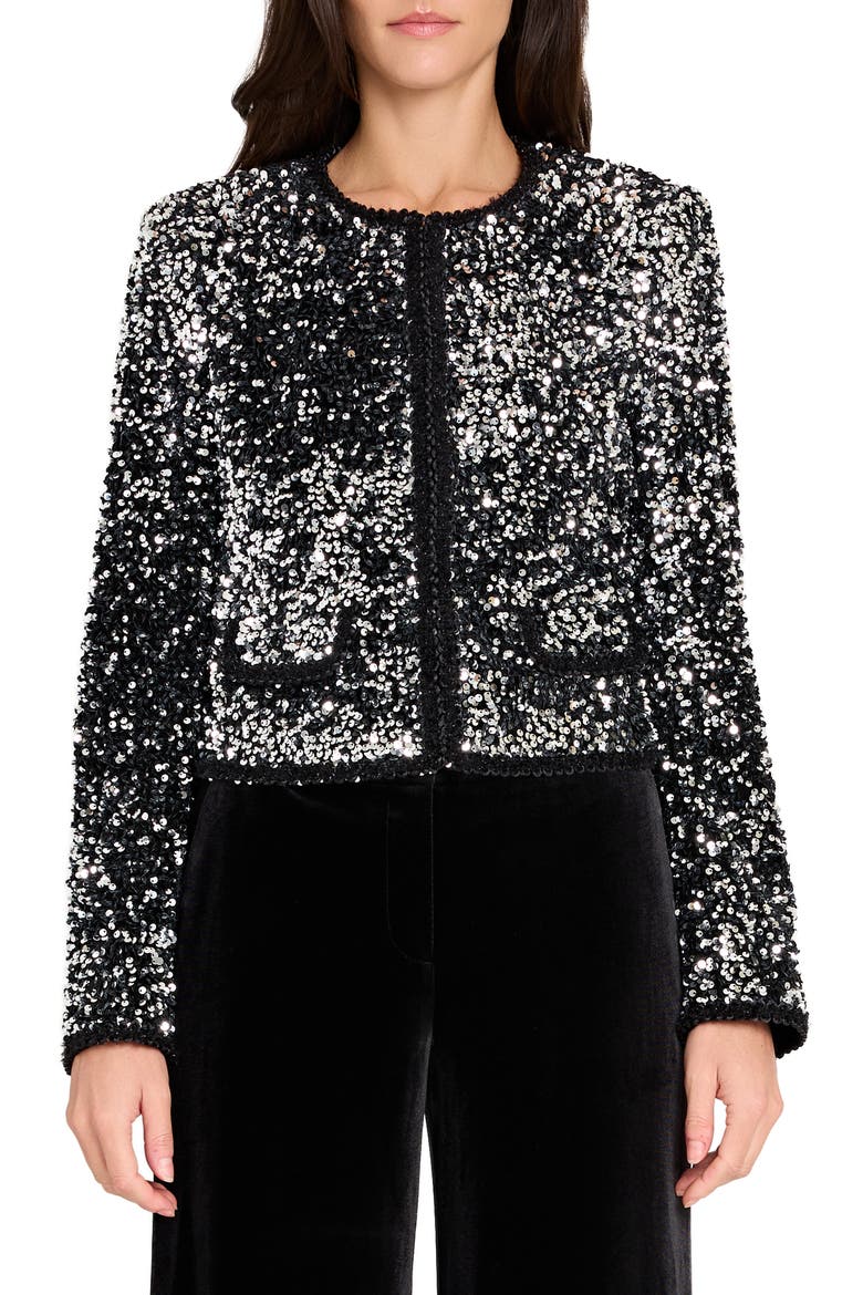 Corded Braid Trim Sequin Jacket, Main, color, SILVER BLACK
