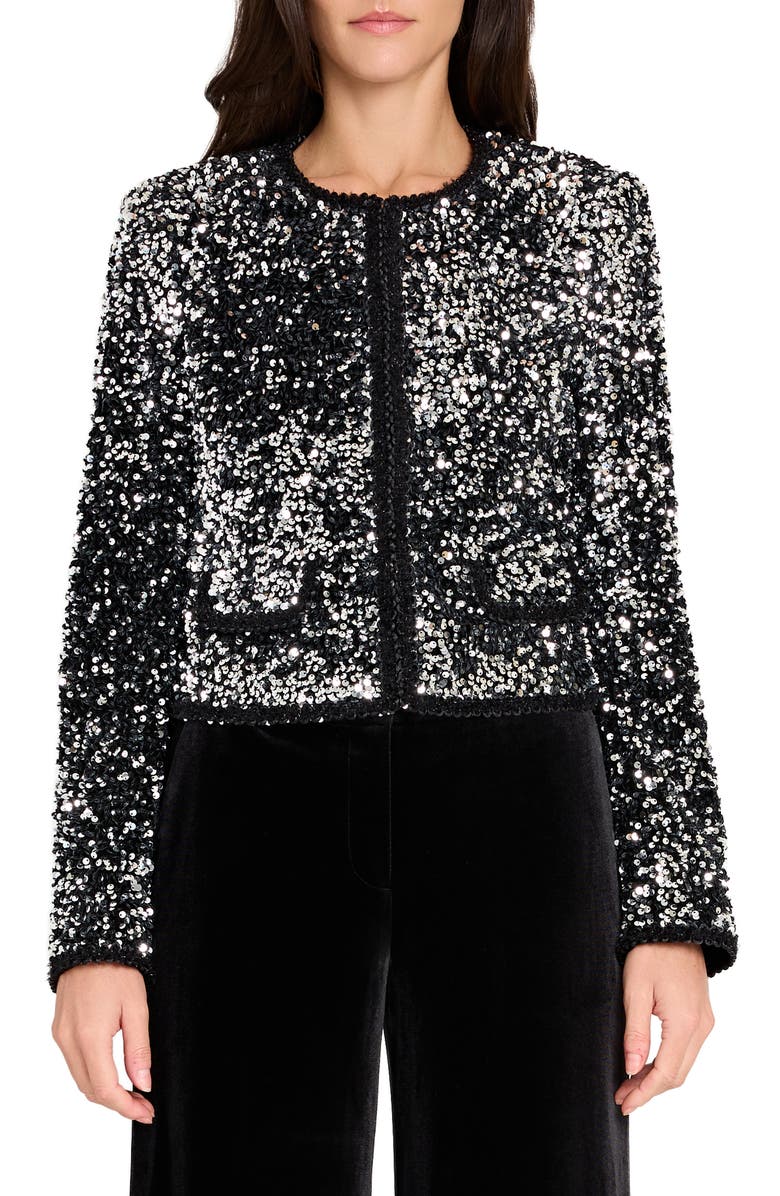 Tahari ASL Corded Braid Trim Sequin Jacket, Main, color, Silver Black