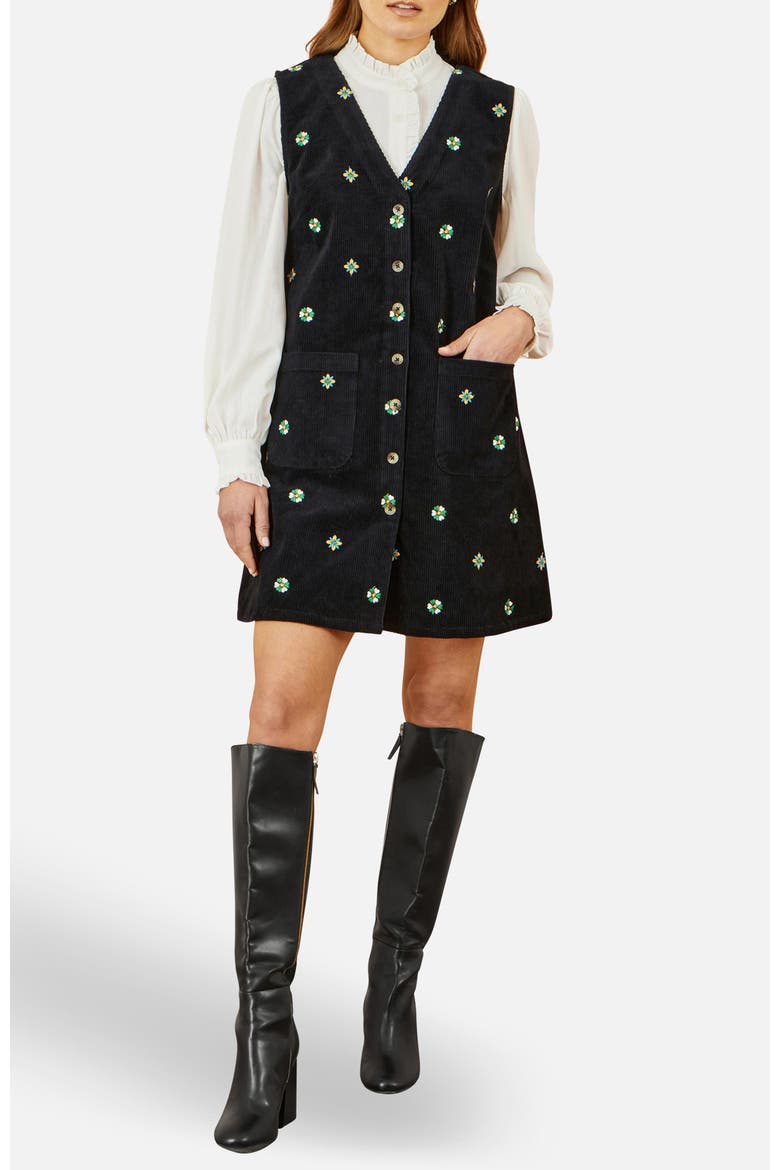 Embroidered Button Up Pinafore Dress, Alternate, color, Black