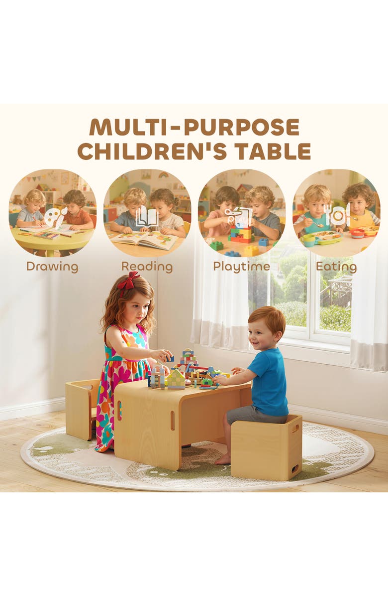 Qaba Toddler Table and Chair Set Wooden Activity Table with Two Kids Montessori Chairs for Ages Play Eating and Learning, Alternate, color, Natural Wood