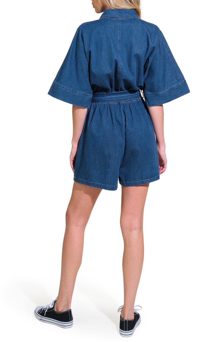 FLYING TOMATO Chambray Tie Waist Romper, Alternate, color, Medium Indigo