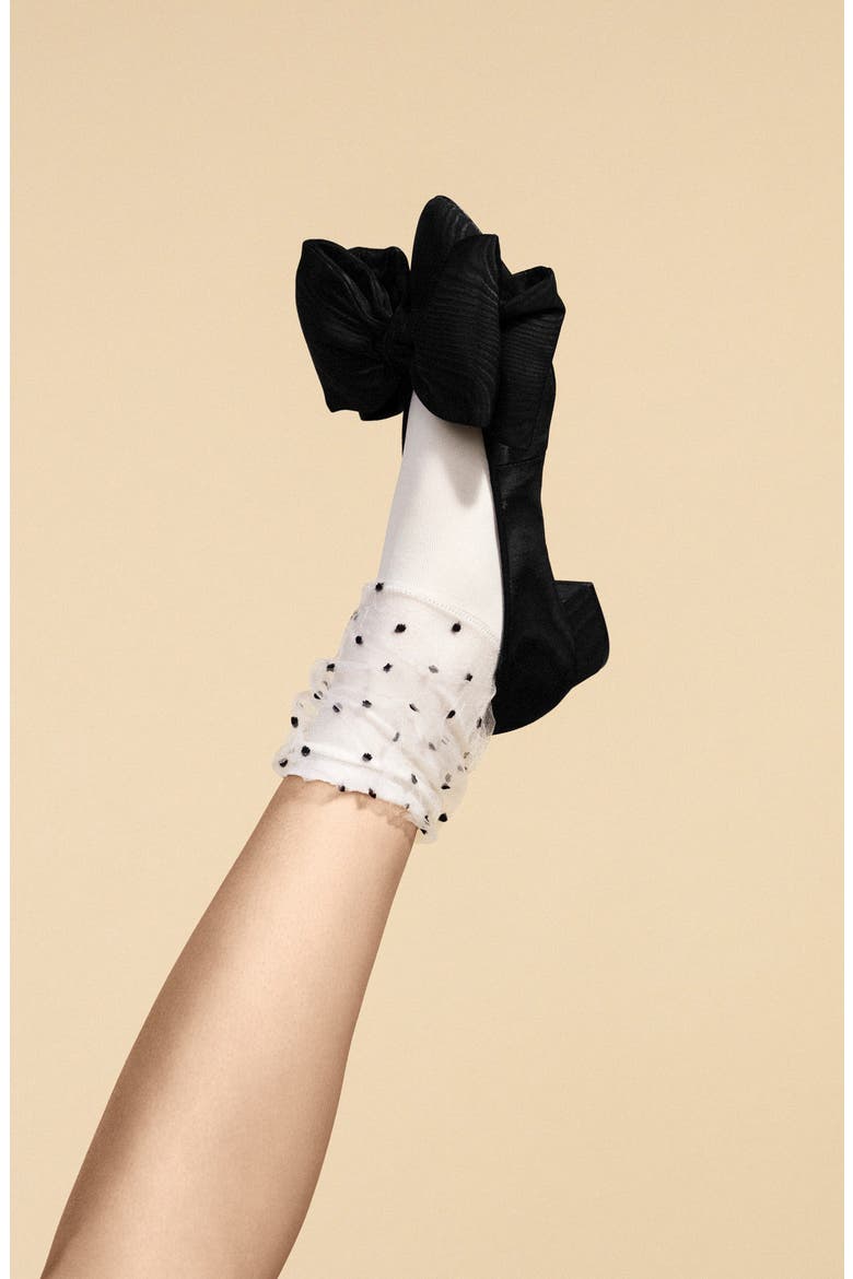 Flocked Dot Tulle Overlay Crew Socks, Alternate, color, IVORY