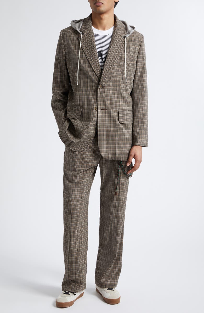 SONG FOR THE MUTE Square Glen Plaid Single Breasted Blazer with Drawstring Hood, Alternate, color, Brown