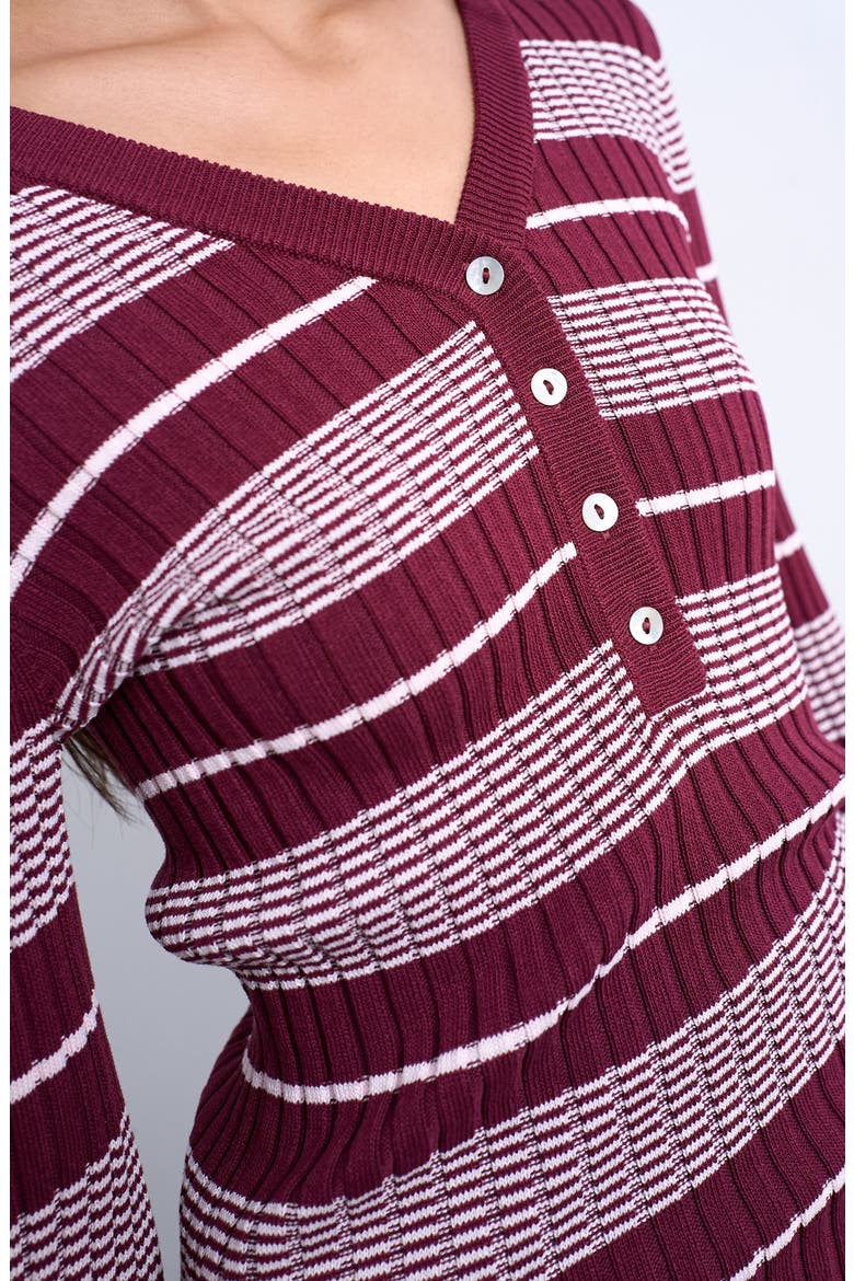 Stripe V-Neck Henley Sweater, Alternate, color, BURGUNDY