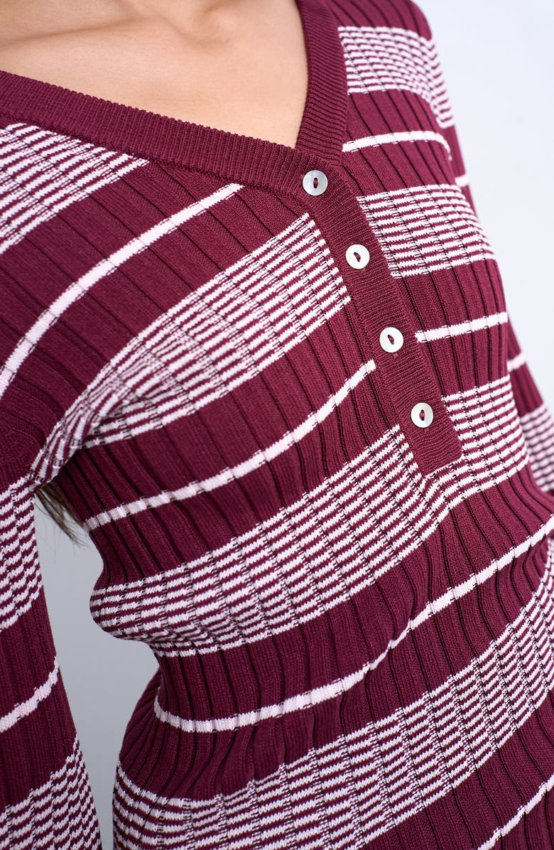 Topshop Stripe V-Neck Henley Sweater, Alternate, color, Burgundy