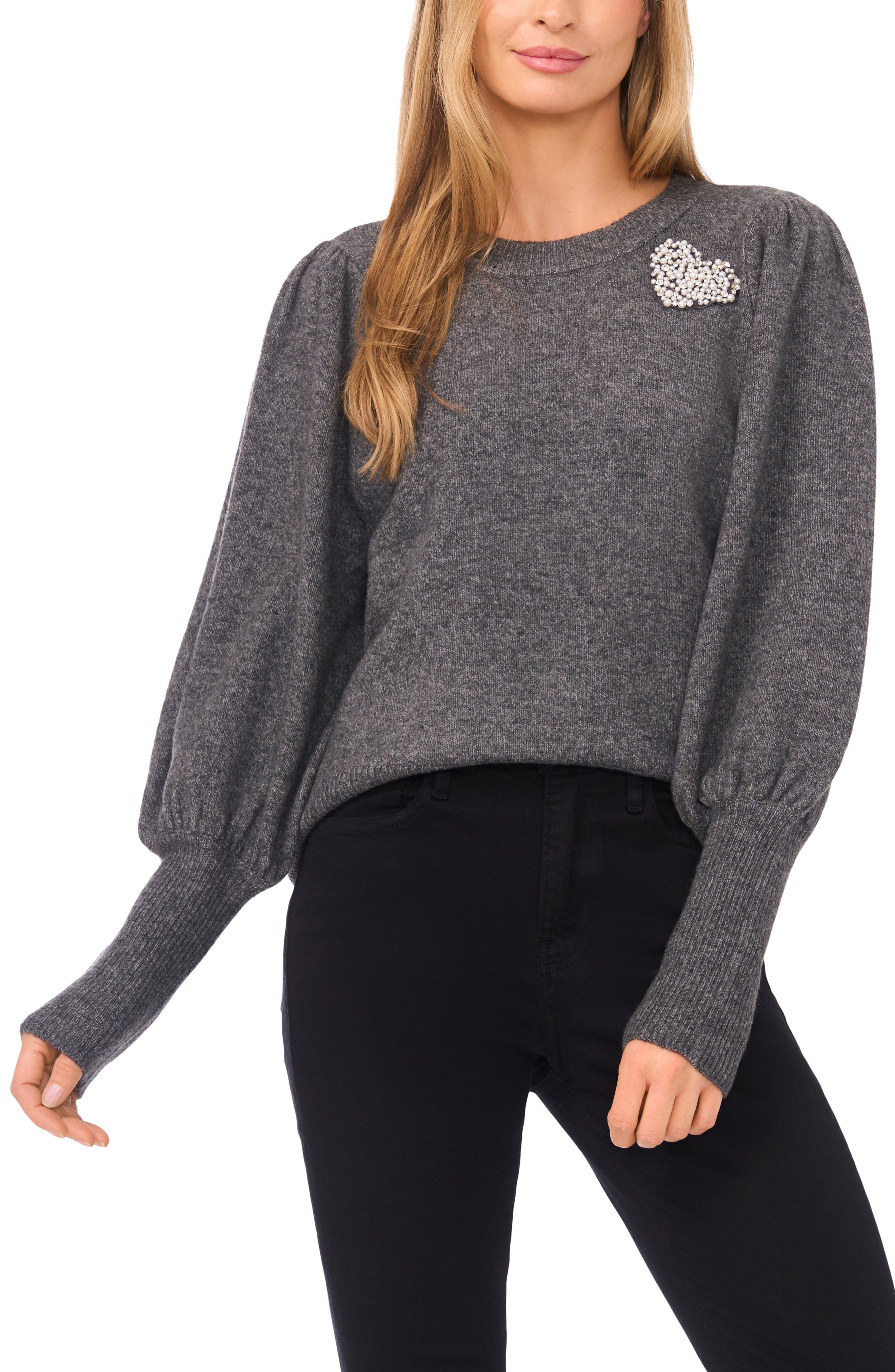 CeCe Faux Pearl Heart Embellished Crewneck Sweater