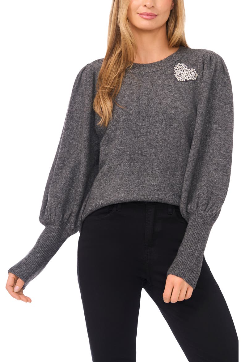 Faux Pearl Heart Embellished Crewneck Sweater, Main, color, MEDIUM HEATHER GREY