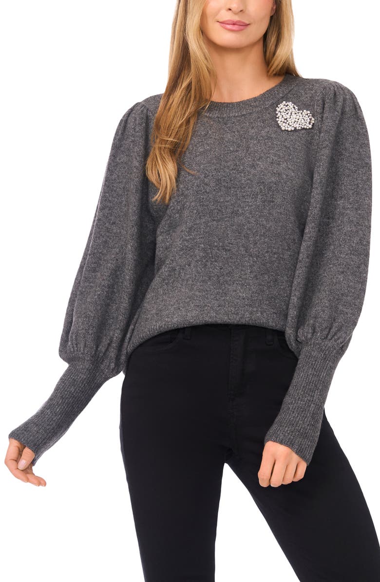CeCe Faux Pearl Heart Embellished Crewneck Sweater, Main, color, Medium Heather Grey