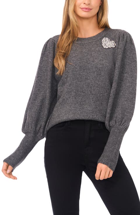 Faux Pearl Heart Embellished Crewneck Sweater