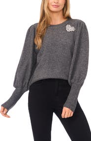 CeCe Faux Pearl Heart Embellished Crewneck Sweater