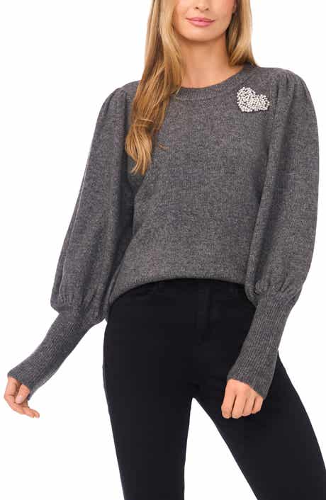 CeCe Faux Pearl Heart Embellished Crewneck Sweater