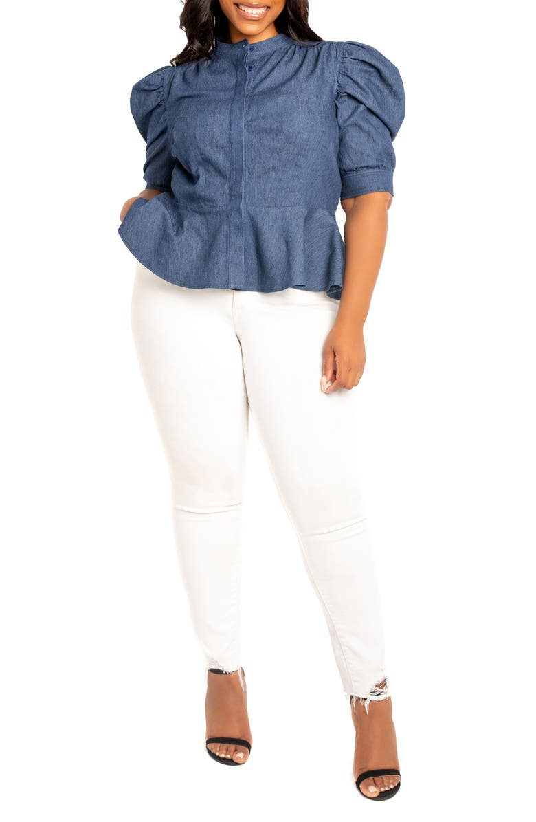 BUXOM COUTURE Puff Sleeve Peplum Denim Shirt, Alternate, color, 