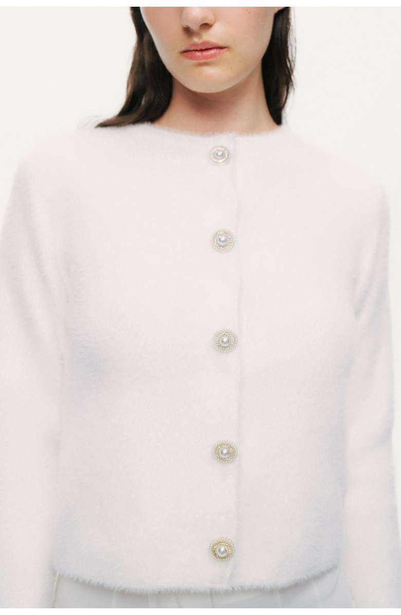 Nocturne Cropped Pearl-Button Crewneck Cardigan, Alternate, color, Ivory