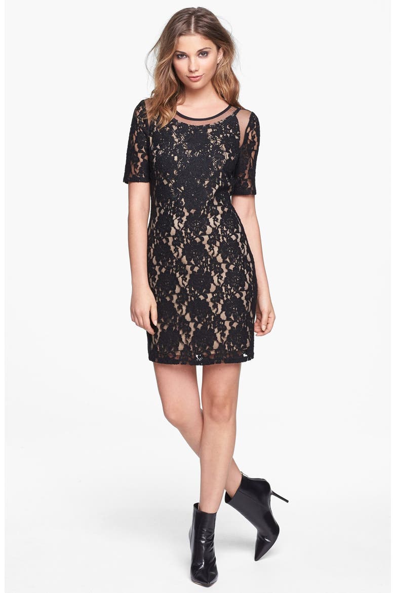 Mesh Inset Lace Dress, Main, color, BLACK