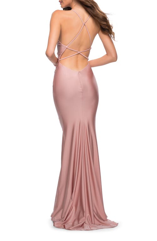 La Femme Fitted Long Jersey Gown With Criss Cross Bodice In Pink