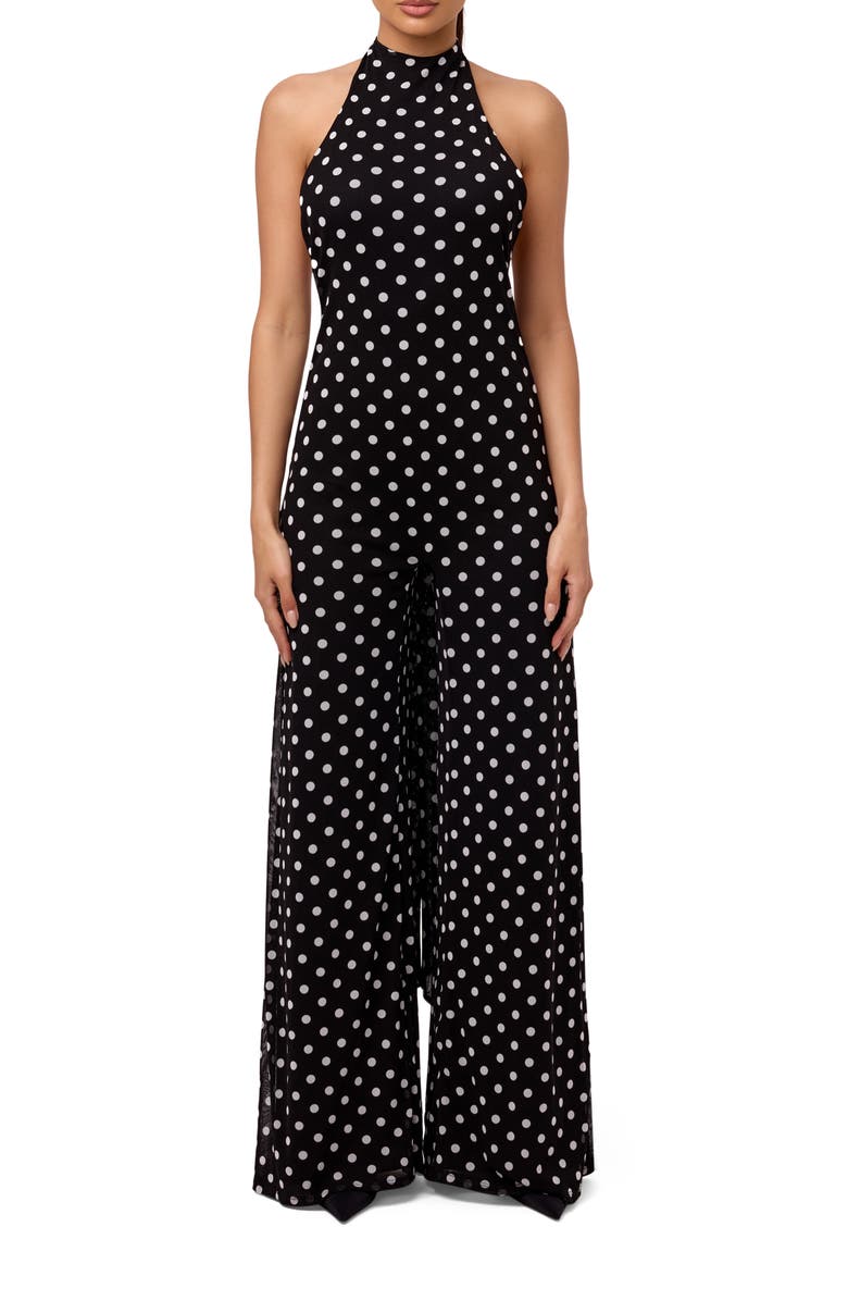 Naked Wardrobe Polka Dot Wide Leg Halter Jumpsuit, Main, color, Black White Polka Dot